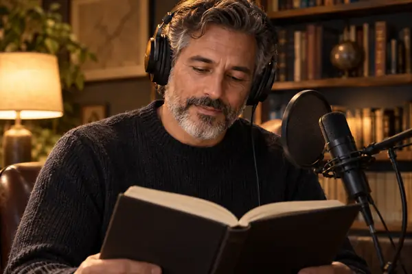 Calm audiobook narrator in a softly illuminated reading room, close-cropped photographic portrait.