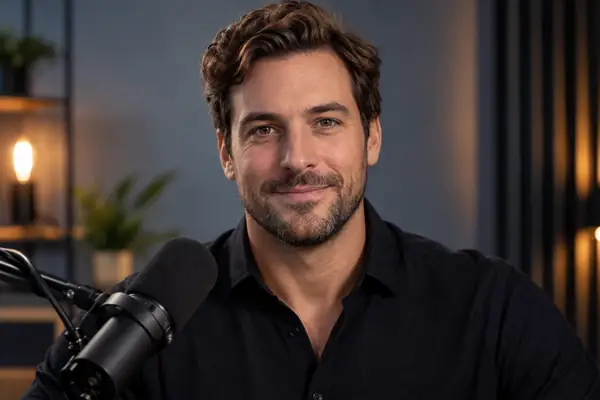 Professional corporate narrator in a neutral studio, close-cropped photographic portrait.