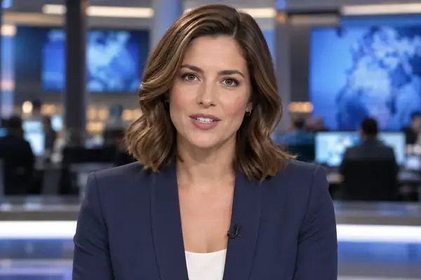Composed news narrator in a contemporary broadcast studio, close-cropped photographic portrait.